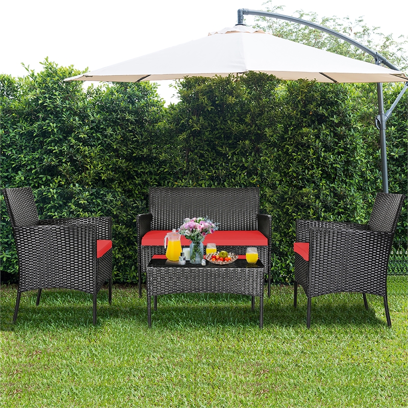 Pemberly Row 4PCS Patio Rattan Furniture Set Cushioned Sofa Red