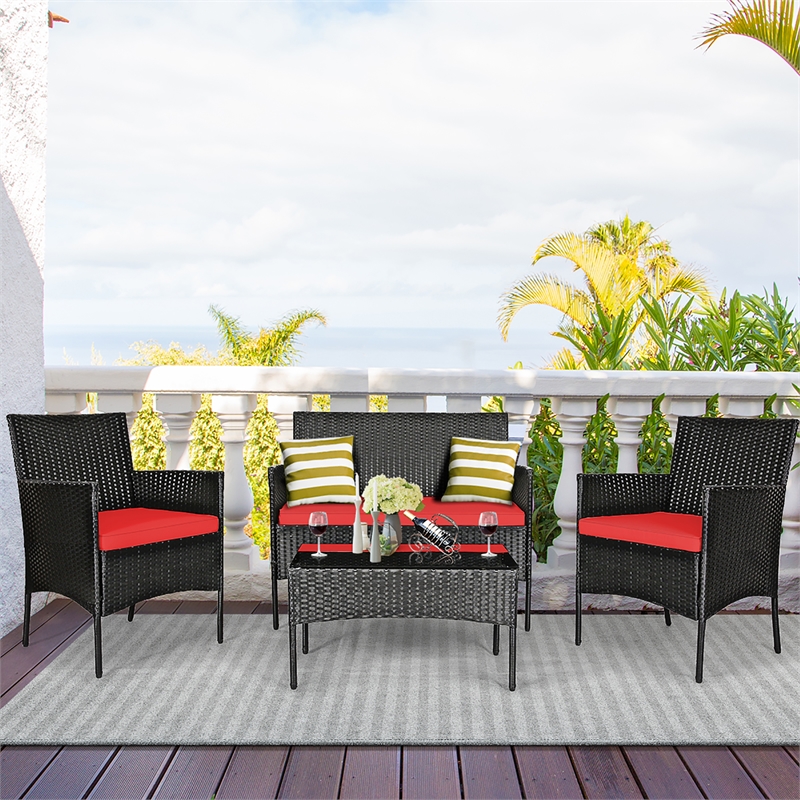 Pemberly Row 4PCS Patio Rattan Furniture Set Cushioned Sofa Red
