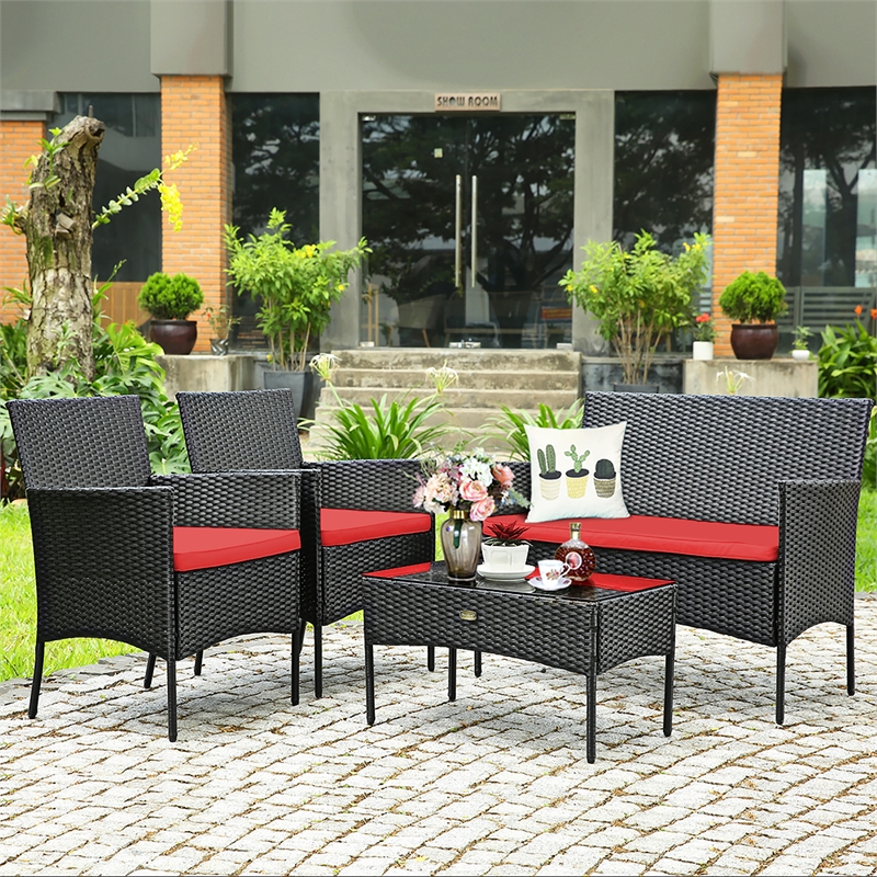 Pemberly Row 4PCS Patio Rattan Furniture Set Cushioned Sofa Red