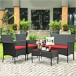 Pemberly Row 4PCS Patio Rattan Furniture Set Cushioned Sofa Red