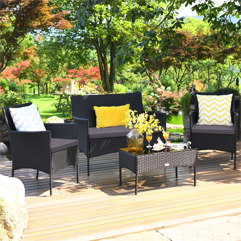 Pemberly Row 4PCS Patio Rattan Furniture Set Cushioned Sofa Gray