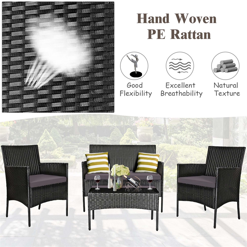 Pemberly Row 4PCS Patio Rattan Furniture Set Cushioned Sofa Gray