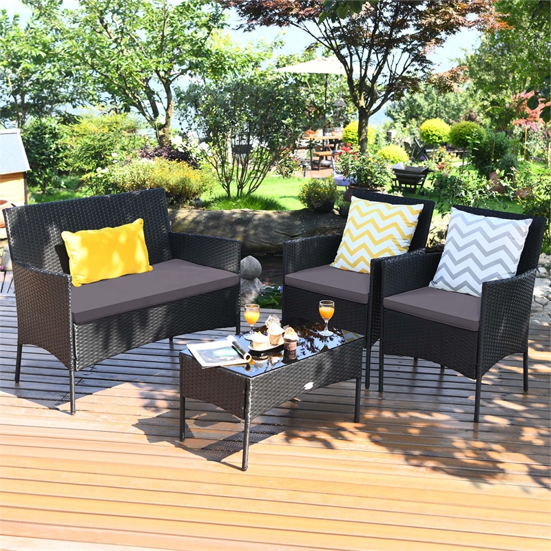 Pemberly Row 4PCS Patio Rattan Furniture Set Cushioned Sofa Gray