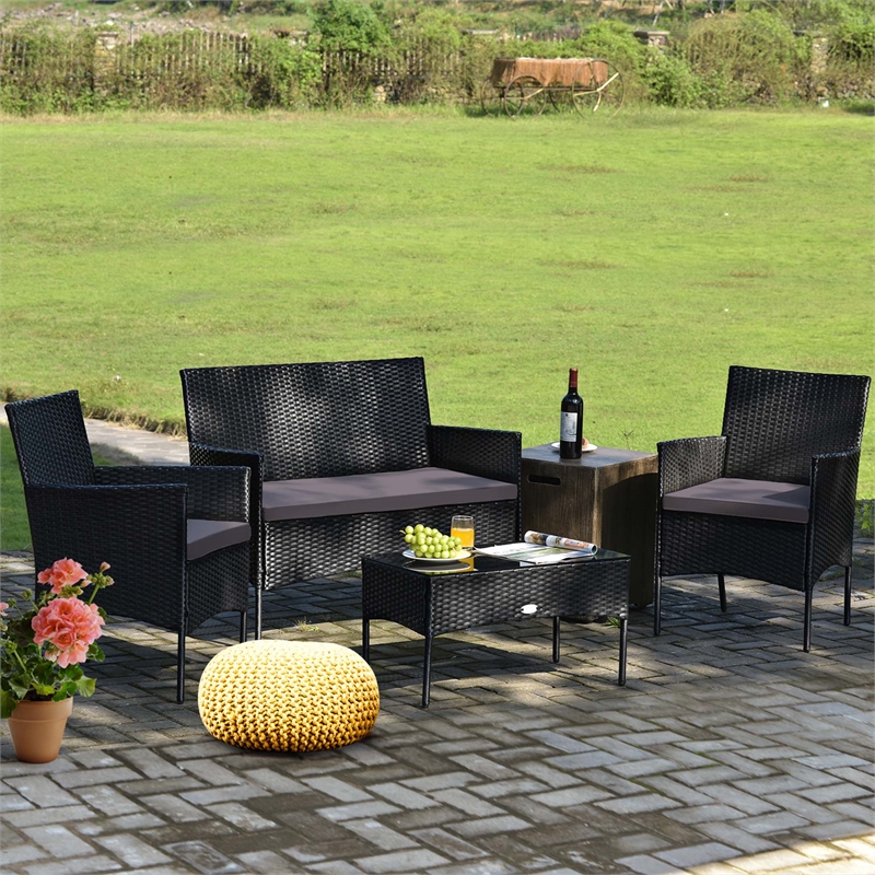 Pemberly Row 4PCS Patio Rattan Furniture Set Cushioned Sofa Gray