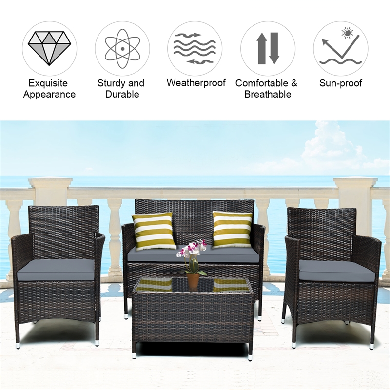 Pemberly Row 4PCS Patio Rattan Furniture Set Cushioned Sofa Gray Cushions