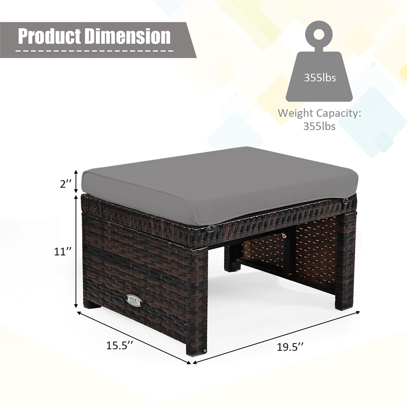 Pemberly Row 2PCS Patio Rattan Ottoman Seat Foot Rest Furniture Gray