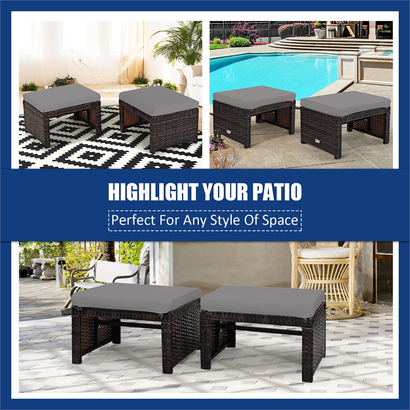 Pemberly Row 2PCS Patio Rattan Ottoman Seat Foot Rest Furniture Gray