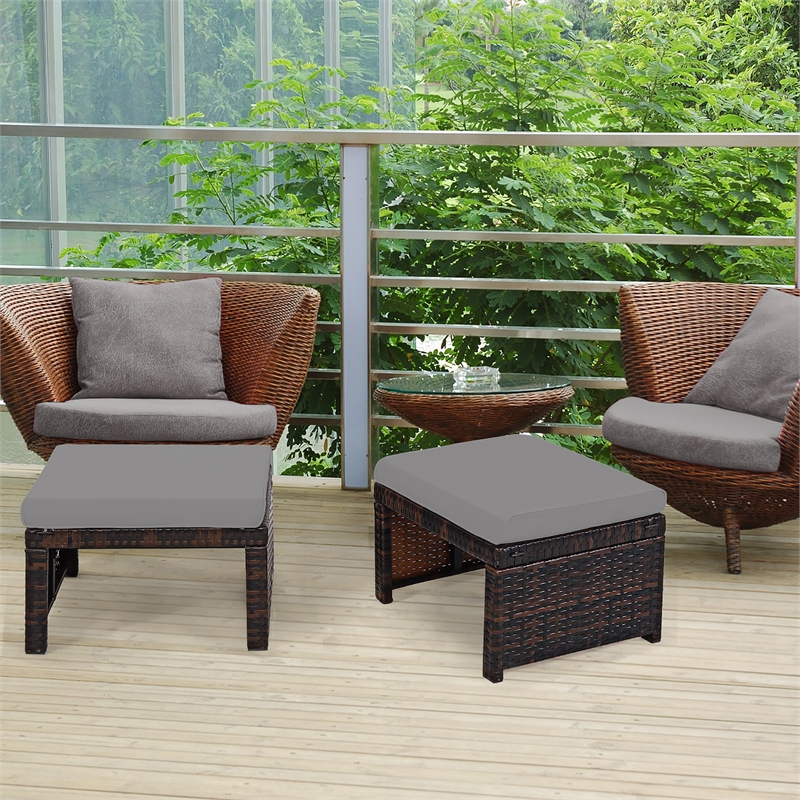 Pemberly Row 2PCS Patio Rattan Ottoman Seat Foot Rest Furniture Gray