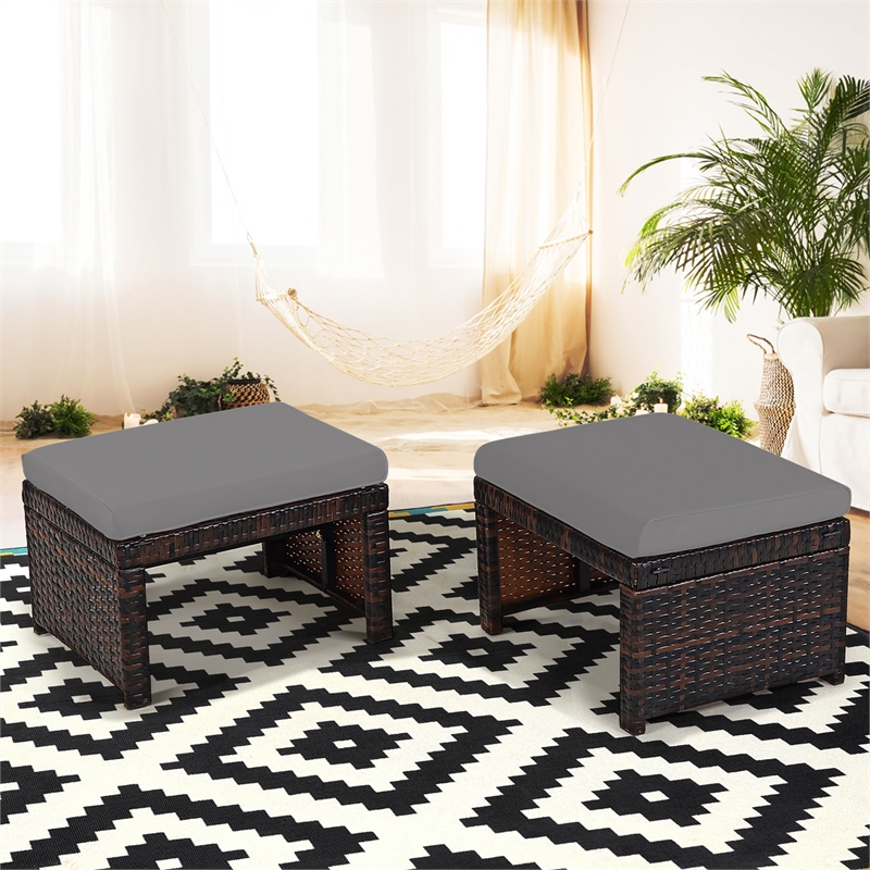 Pemberly Row 2PCS Patio Rattan Ottoman Seat Foot Rest Furniture Gray