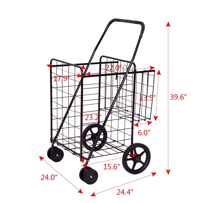 Pemberly Row Folding Shopping Cart Jumbo Basket Grocery Laundry Travel Black