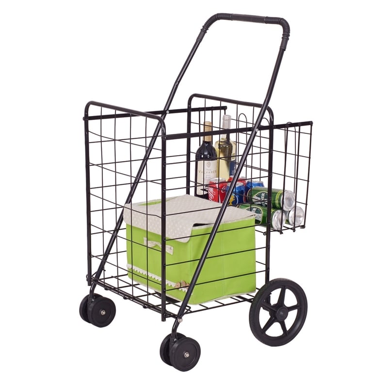 Pemberly Row Folding Shopping Cart Jumbo Basket Grocery Laundry Travel Black