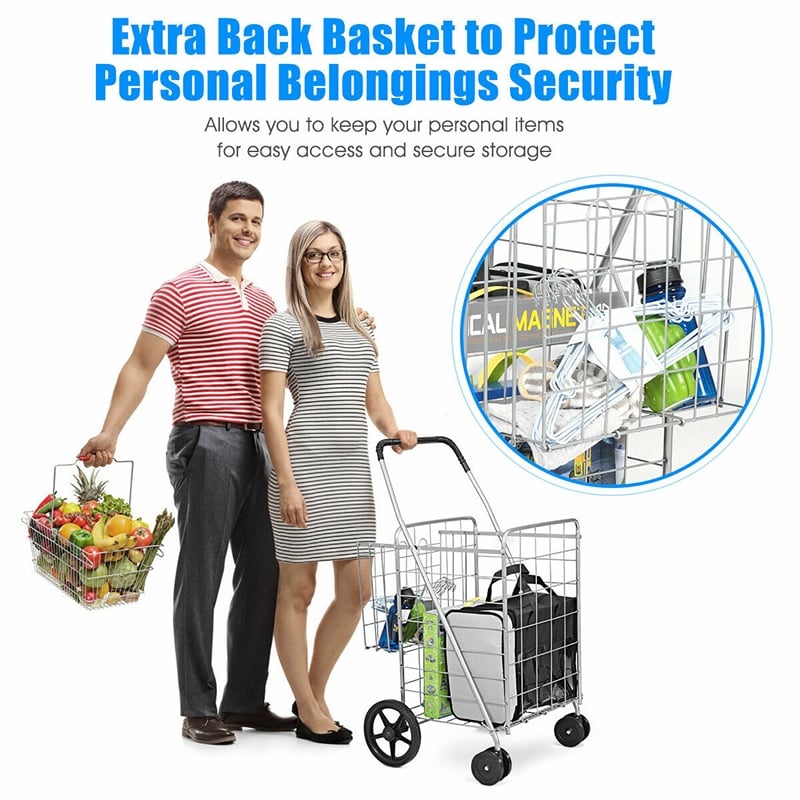 Pemberly Row Folding Shopping Cart Jumbo Basket Grocery Laundry Travel Silver