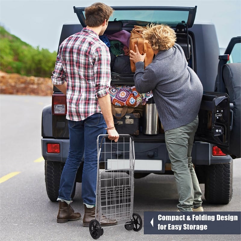 Pemberly Row Folding Shopping Cart Jumbo Basket Grocery Laundry Travel Silver