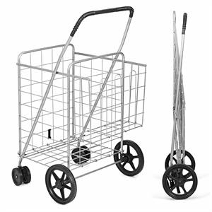 Pemberly Row Folding Shopping Cart Jumbo Basket Grocery Laundry Travel Silver