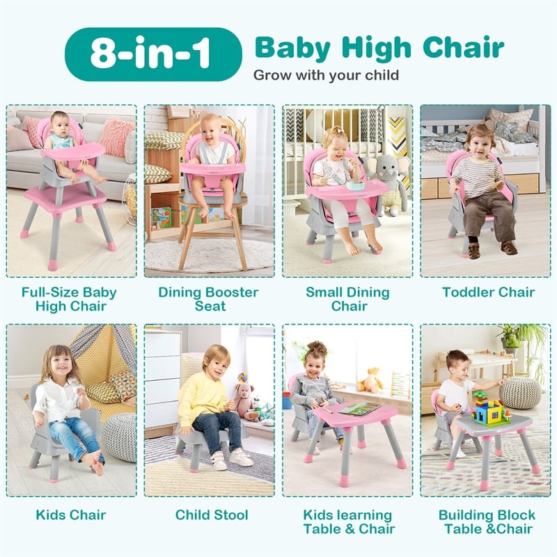 Pemberly Row 8 in 1 Baby High Chair Convertible Dining Booster Seat Pink