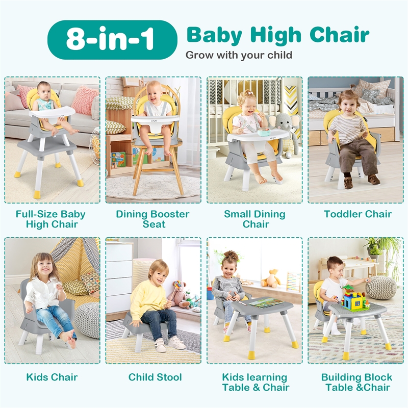 Pemberly Row 8 in 1 Baby High Chair Convertible Dining Booster Seat Yellow
