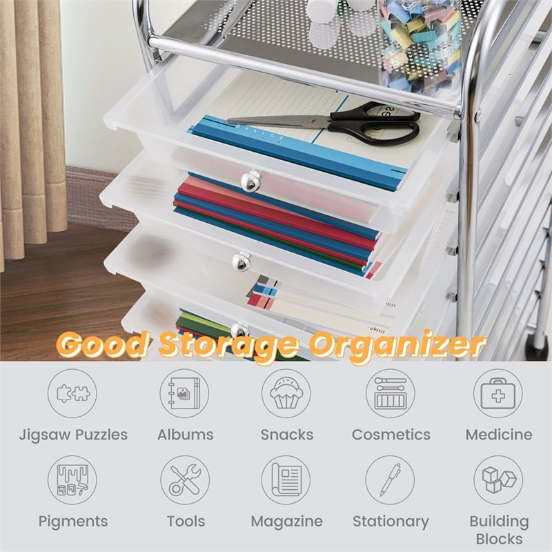 Pemberly Row 10 Drawer Rolling Storage Cart Paper Office School Organizer Clear