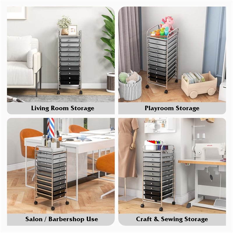 Pemberly Row 10 Drawer Rolling Storage Cart Paper Office School Organizer Black