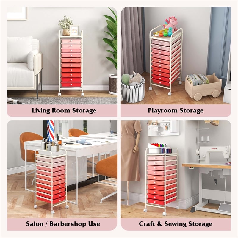 Pemberly Row 10 Drawer Rolling Storage Cart Paper Office School Organizer Pink
