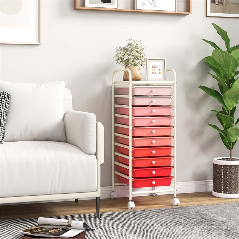 Pemberly Row 10 Drawer Rolling Storage Cart Paper Office School Organizer Pink