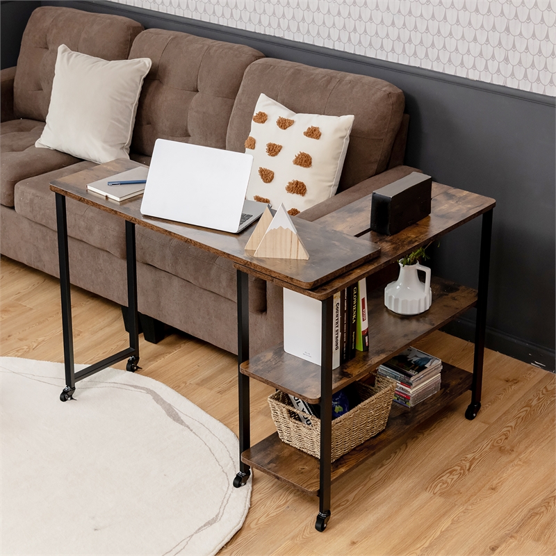 Pemberly Row Large 360 Degree Free Rotating Sofa Side Table Brown