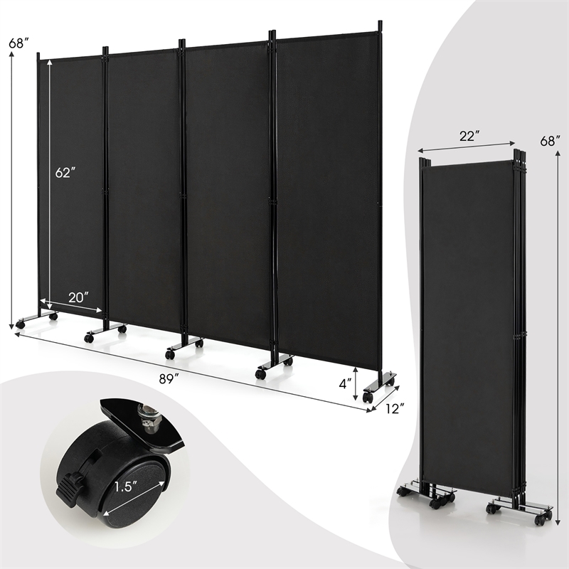 Pemberly Row 4 Panel Folding Room Divider 6FT Rolling Privacy Screen Black