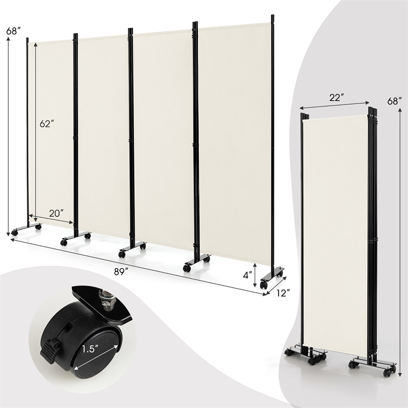 Pemberly Row 4 Panel Folding Room Divider 6FT Rolling Privacy Screen White