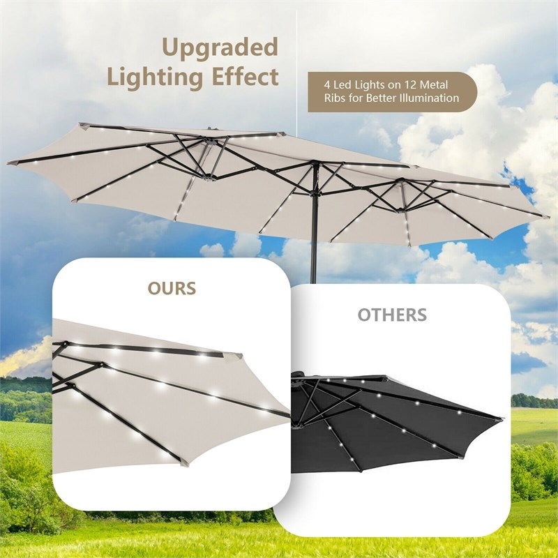 Pemberly Row Outdoor 15FT Double-Sided Patio Umbrella w/LED Lights Beige