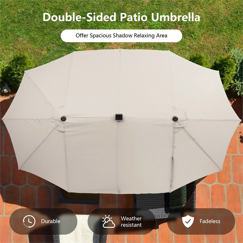 Pemberly Row Outdoor 15FT Double-Sided Patio Umbrella w/LED Lights Beige