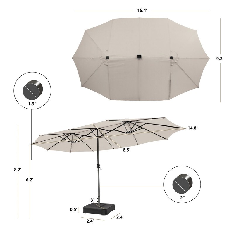 Pemberly Row Outdoor 15FT Double-Sided Patio Umbrella w/LED Lights Beige