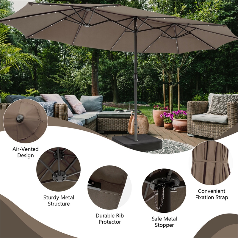 Pemberly Row Outdoor 15FT Double-Sided Patio Umbrella w/LED Lights Brown