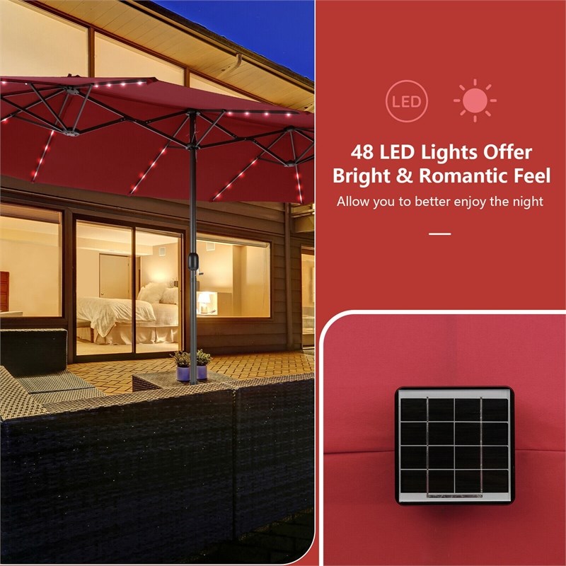 Pemberly Row Outdoor 15FT Double-Sided Patio Umbrella w/LED Lights Wine