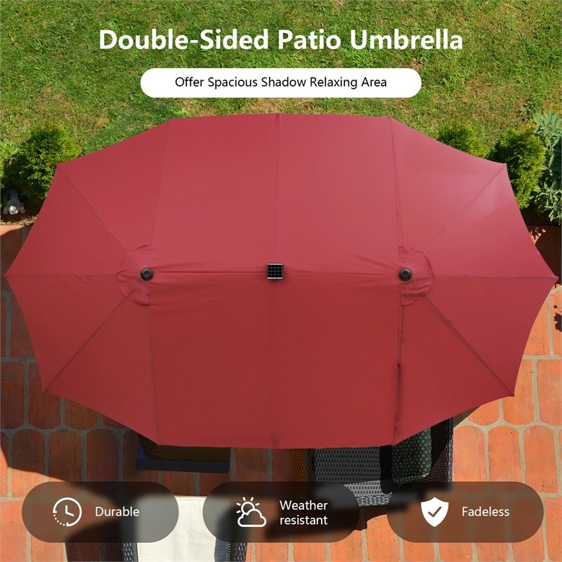 Pemberly Row Outdoor 15FT Double-Sided Patio Umbrella w/LED Lights Wine