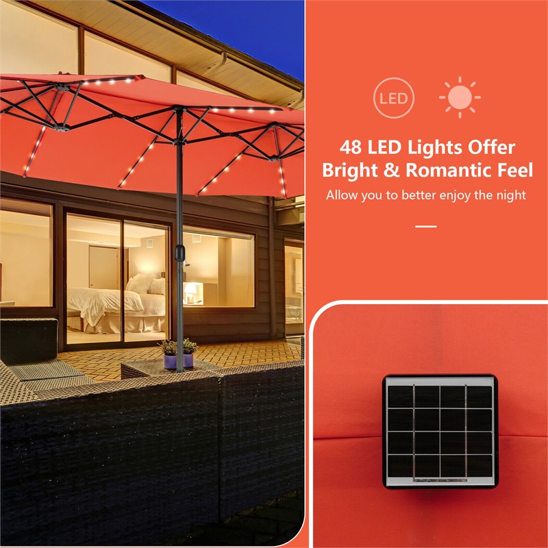 Pemberly Row Outdoor 15FT Double-Sided Patio Umbrella w/LED Lights Orange