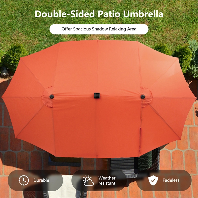 Pemberly Row Outdoor 15FT Double-Sided Patio Umbrella w/LED Lights Orange