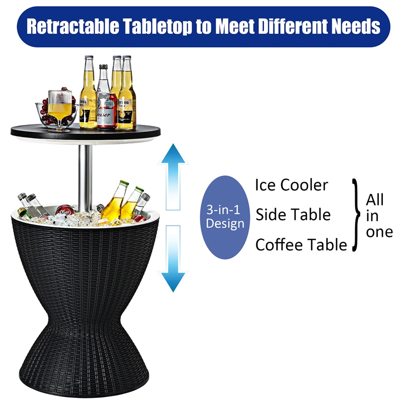 Pemberly Row 8 Gallon 3-1 Patio Rattan Cooler Bar Table Adjust Ice Bucket Black