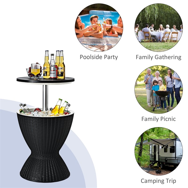 Pemberly Row 8 Gallon 3-1 Patio Rattan Cooler Bar Table Adjust Ice Bucket Black