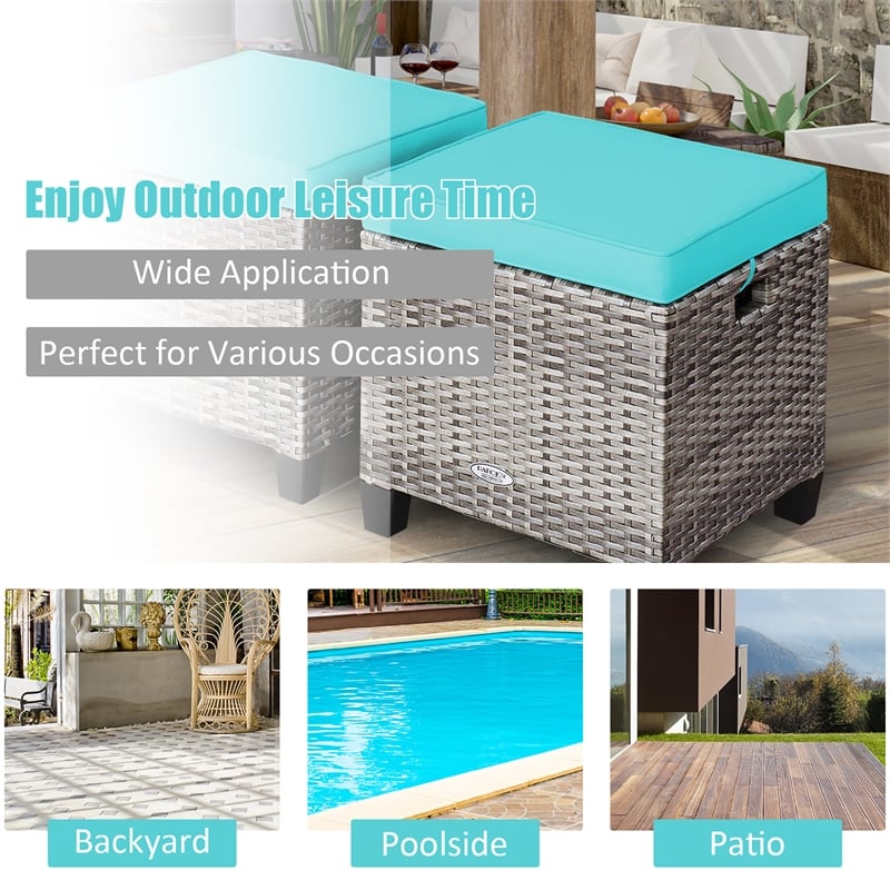 Pemberly Row 2PCS Patio Rattan Cushioned Ottoman Seat Foot Rest Turquoise