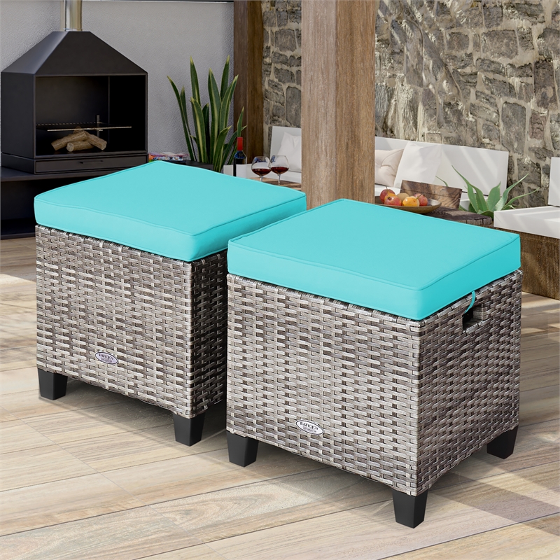 Pemberly Row 2PCS Patio Rattan Cushioned Ottoman Seat Foot Rest Turquoise