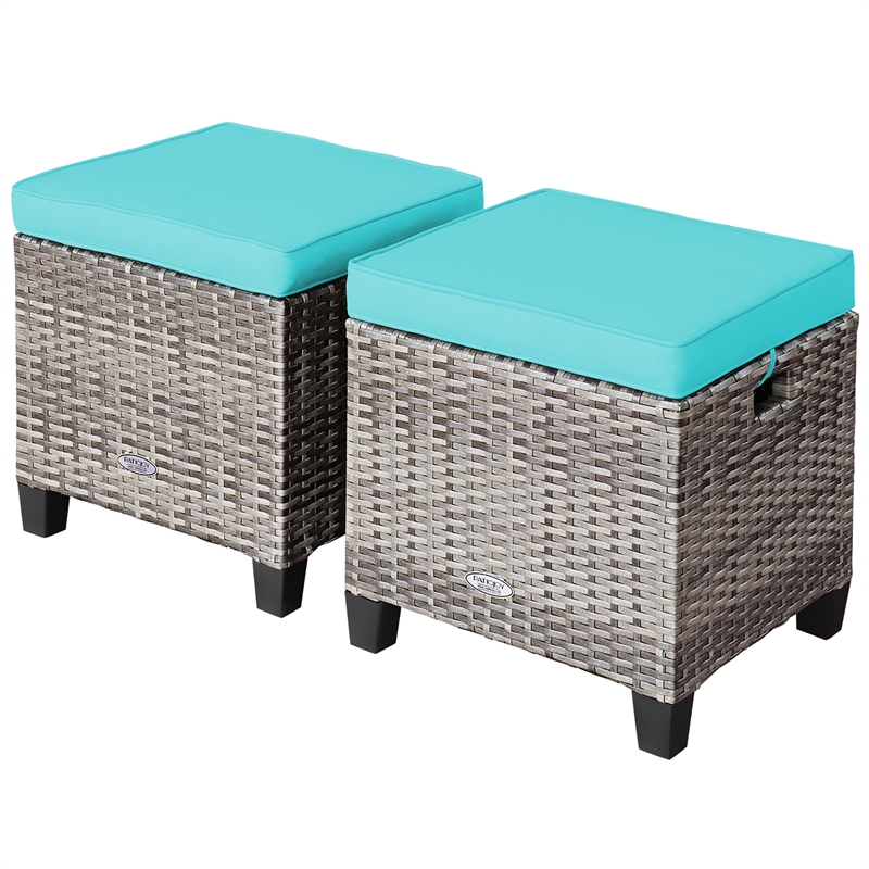 Pemberly Row 2PCS Patio Rattan Cushioned Ottoman Seat Foot Rest Turquoise