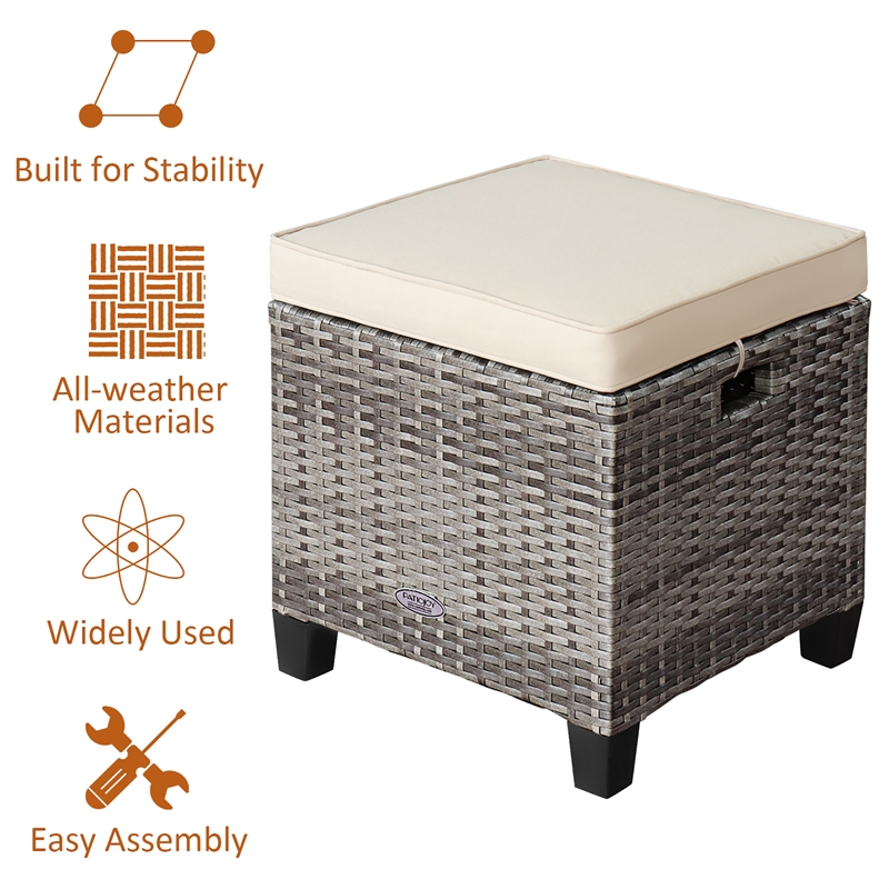 Pemberly Row 2PCS Patio Rattan Cushioned Ottoman Seat Foot Rest Beige