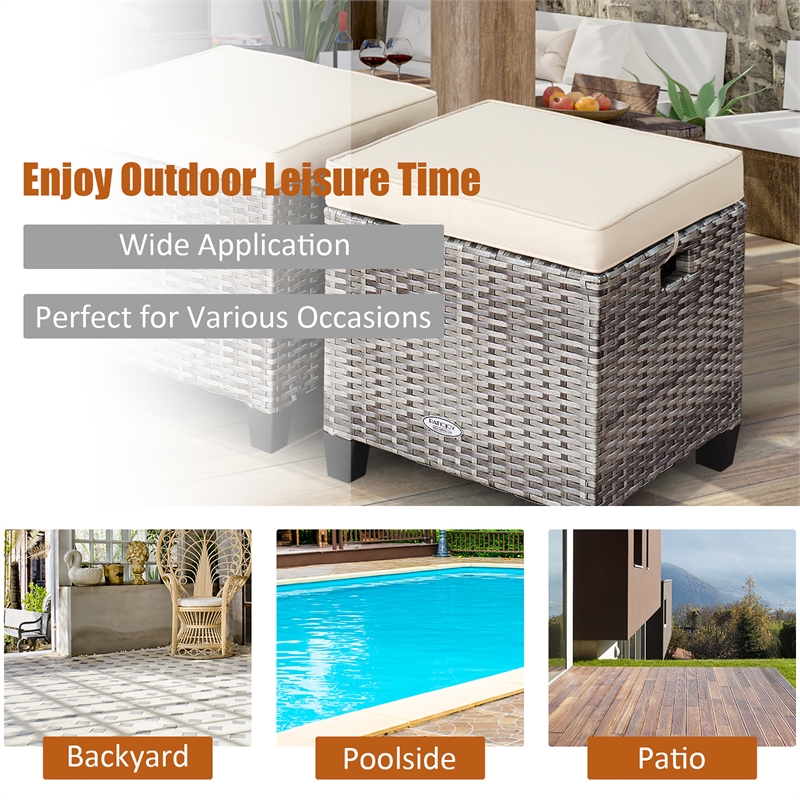 Pemberly Row 2PCS Patio Rattan Cushioned Ottoman Seat Foot Rest Beige