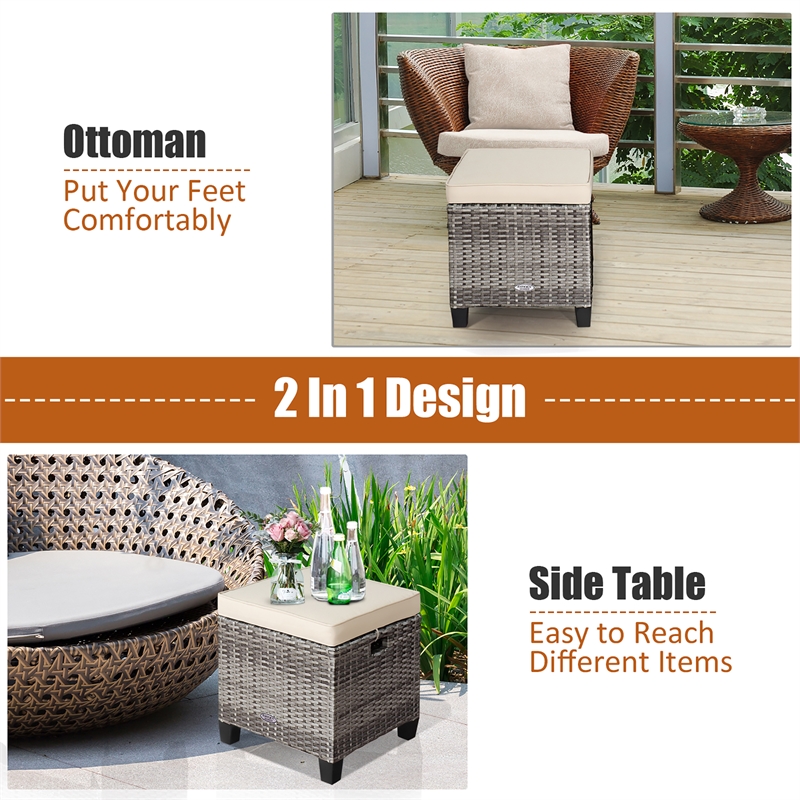 Pemberly Row 2PCS Patio Rattan Cushioned Ottoman Seat Foot Rest Beige
