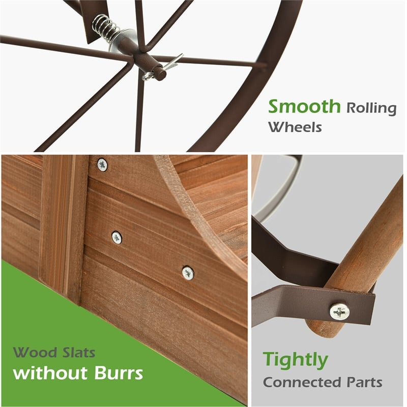 Pemberly Row Garden Plant Wooden Wagon Planter W/ Wheel Brown