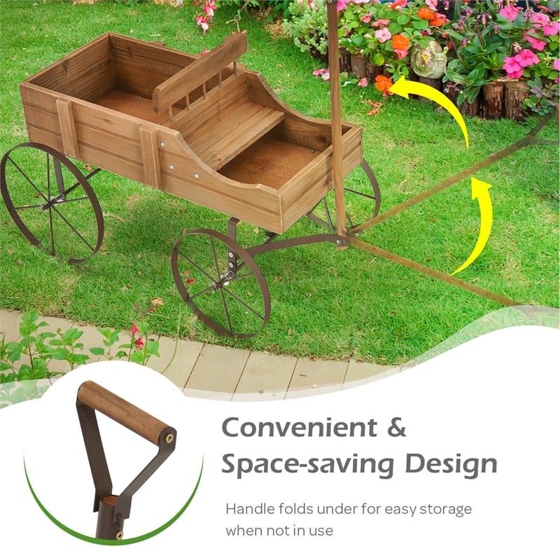 Pemberly Row Garden Plant Wooden Wagon Planter W/ Wheel Brown