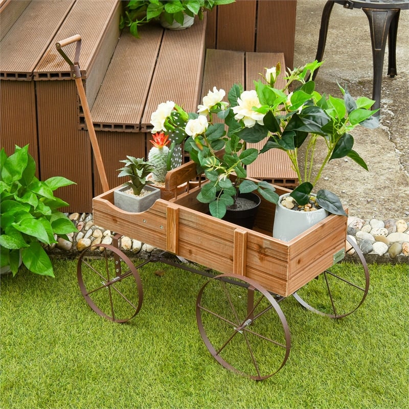 Pemberly Row Garden Plant Wooden Wagon Planter W/ Wheel Brown