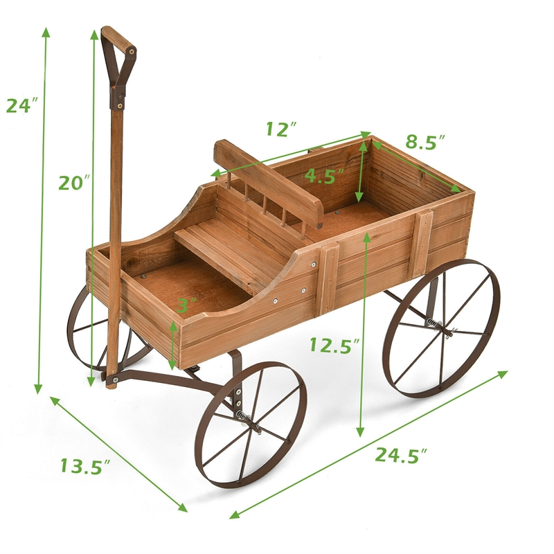 Pemberly Row Garden Plant Wooden Wagon Planter W/ Wheel Brown