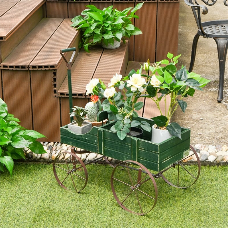 Pemberly Row Garden Plant Wooden Wagon Planter W/ Wheel Green