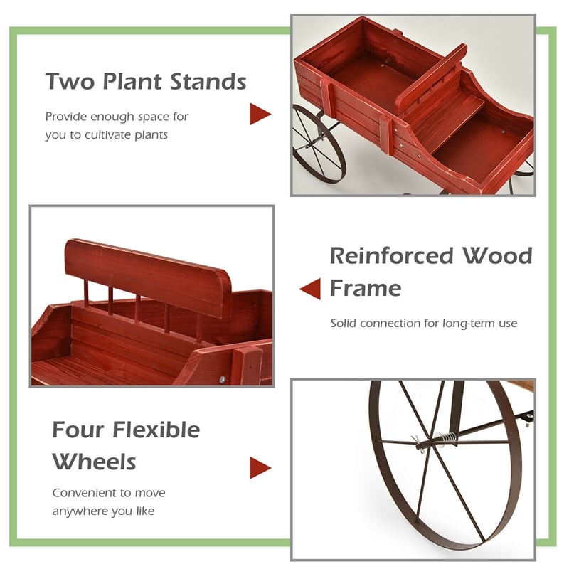 Pemberly Row Contemporary Garden Plant Wooden Wagon Planter W/ Wheel Red