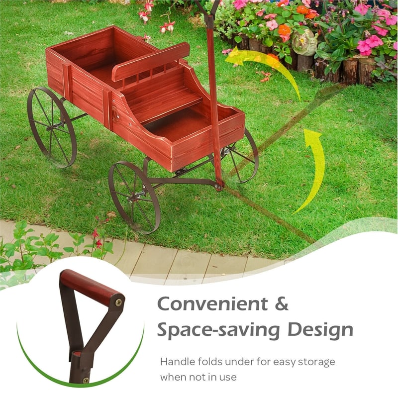 Pemberly Row Contemporary Garden Plant Wooden Wagon Planter W/ Wheel Red